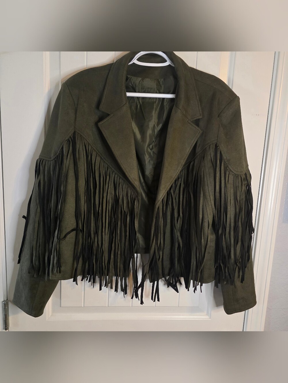 Faux Sueded Olive Green Fringe Open Front Jacket NWOT 2X